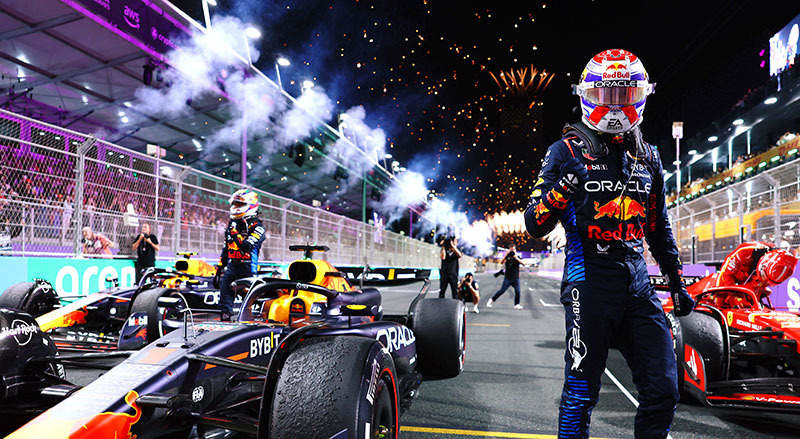 JEDDAH, SAUDI ARABIA - MARCH 09: Race winner Max Verstappen of the Netherlands and Oracle Red Bull Racing celebrates in parc ferme during the F1 Grand Prix of Saudi Arabia at Jeddah Corniche Circuit on March 09, 2024 in Jeddah, Saudi Arabia. (Photo by Mark Thompson/Getty Images) // Getty Images / Red Bull Content Pool // SI202403090568 // Usage for editorial use only //