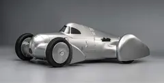Audi recreated the Auto Union Lucca. After just over three years of construction, the record-breaking car was completed in early 2026. Studio shot. Side view.