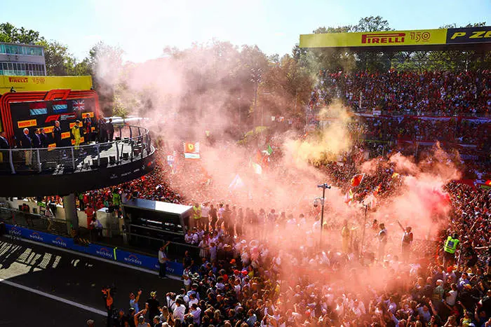 MONZA, ITALY - SEPTEMBER 11: A general view of the podium as Race winner Max Verstappen of the Netherlands and Oracle Red Bull Racing, Second placed Charles Leclerc of Monaco and Ferrari and Third placed George Russell of Great Britain and Mercedes celebrate during the F1 Grand Prix of Italy at Autodromo Nazionale Monza on September 11, 2022 in Monza, Italy. (Photo by Mark Thompson/Getty Images)