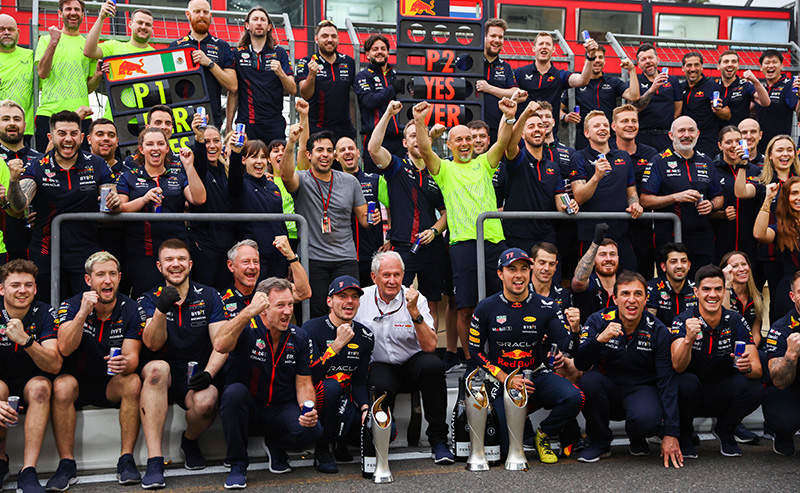 BAKU, AZERBAIJAN - APRIL 30: Race winner Sergio Perez of Mexico and Oracle Red Bull Racing and Second placed Max Verstappen of the Netherlands and Oracle Red Bull Racing celebrate with their team after the F1 Grand Prix of Azerbaijan at Baku City Circuit on April 30, 2023 in Baku, Azerbaijan. (Photo by Francois Nel/Getty Images)