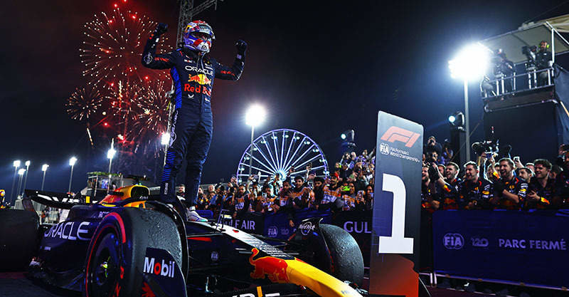 BAHRAIN, BAHRAIN - MARCH 02: Race winner Max Verstappen of the Netherlands and Oracle Red Bull Racing celebrates in parc ferme during the F1 Grand Prix of Bahrain at Bahrain International Circuit on March 02, 2024 in Bahrain, Bahrain. (Photo by Mark Thompson/Getty Images) *** BESTPIX *** // Getty Images / Red Bull Content Pool // SI202403020679 // Usage for editorial use only //
