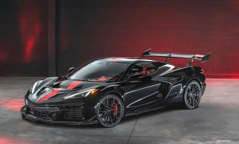 Front 3/4 view of Corvette ZR1X Convertible with ZTK Performance Package in Black. Preproduction model shown, actual production model may vary.