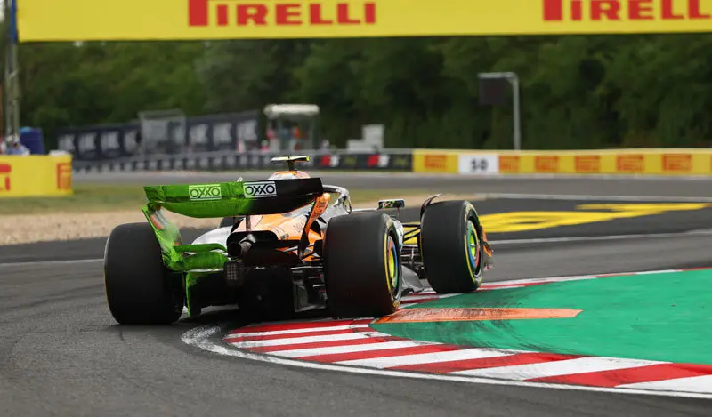 BUDAPEST, HUNGARY - AUGUST 01: Lando Norris of Great Britain driving the (4) McLaren MCL39 Mercedes on track during practice ahead of the F1 Grand Prix of Hungary at Hungaroring on August 01, 2025 in Budapest, Hungary. (Photo by Clive Rose/Getty Images)