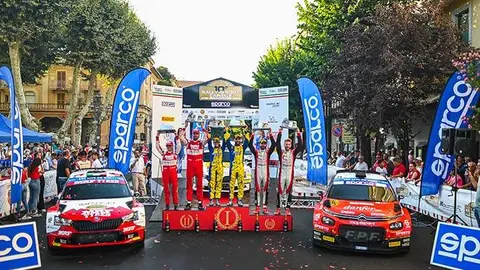 Podium at FIA European Rally Championship in Rome, Italy on 24th July 2022 // @World / Red Bull Content Pool // SI202207250111 // Usage for editorial use only // 