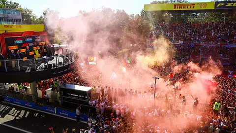 MONZA, ITALY - SEPTEMBER 11: A general view of the podium as Race winner Max Verstappen of the Netherlands and Oracle Red Bull Racing, Second placed Charles Leclerc of Monaco and Ferrari and Third placed George Russell of Great Britain and Mercedes celebrate during the F1 Grand Prix of Italy at Autodromo Nazionale Monza on September 11, 2022 in Monza, Italy. (Photo by Mark Thompson/Getty Images)