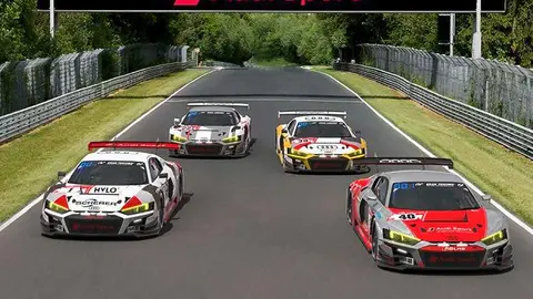 Audi R8 LMS #40 (Audi Sport Team Scherer PHX), Mike Rockenfeller/Timo Scheider/Martin Tomczyk; Audi R8 LMS #1 (Audi Sport Team Scherer PHX), Mattia Drudi/Ricardo Feller/Dennis Lind/Fr&eacute;d&eacute;ric Vervisch; Audi R8 LMS #39 (Audi Sport Team Land), Christopher Haase/Christopher Mies/Patric Niederhauser; Audi R8 LMS #22 (Audi Sport Team Car Collection), Luca Engstler/Max Hofer/Gilles Magnus/Dennis Marschall 