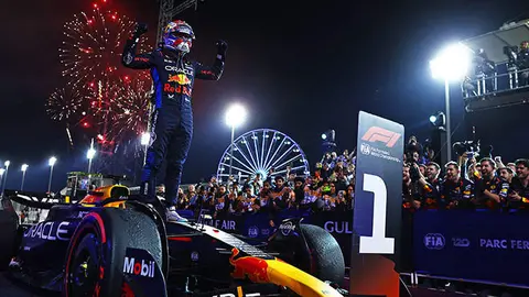 BAHRAIN, BAHRAIN - MARCH 02: Race winner Max Verstappen of the Netherlands and Oracle Red Bull Racing celebrates in parc ferme during the F1 Grand Prix of Bahrain at Bahrain International Circuit on March 02, 2024 in Bahrain, Bahrain. (Photo by Mark Thompson/Getty Images) *** BESTPIX *** // Getty Images / Red Bull Content Pool // SI202403020679 // Usage for editorial use only //