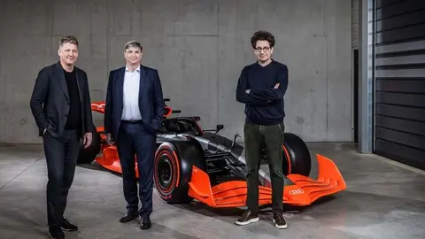 From the left: Gernot D&ouml;llner, CEO of AUDI AG and Chairman of the Board of Directors of Sauber Motorsport AG; J&uuml;rgen Rittersberger, Member of the Board of Management of AUDI AG, responsible for Finance, Legal Affairs and IT, Member of the Board of Directors of Sauber Motorsport AG and Chairman of the Shareholders' Meeting of Audi Formula Racing GmbH; Mattia Binotto, Chief Operating Officer (COO) and Chief Technical Officer (CTO) of Sauber Motorsport AG