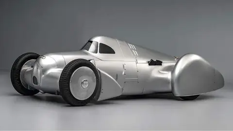 Audi recreated the Auto Union Lucca. After just over three years of construction, the record-breaking car was completed in early 2026. Studio shot. Side view.