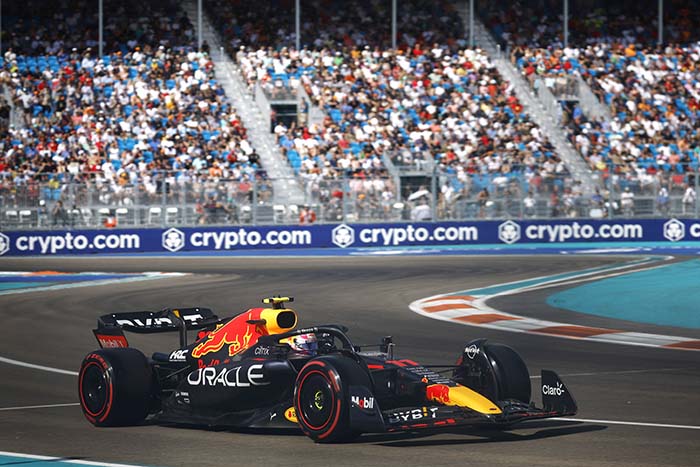 MIAMI, FLORIDA - MAY 07: Sergio Perez of Mexico driving the (11) Oracle Red Bull Racing RB18 on track during qualifying ahead of the F1 Grand Prix of Miami at the Miami International Autodrome on May 07, 2022 in Miami, Florida. (Photo by Chris Graythen/Getty Images)