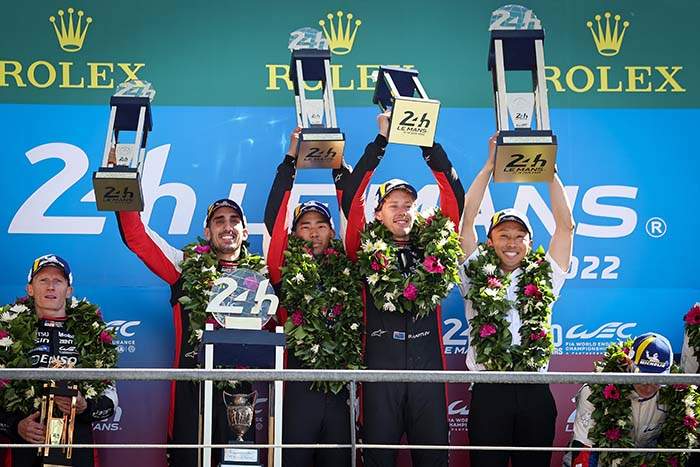 
TOYOTA GAZOO Racing. 
World Endurance Championship.
Le Mans 24 Hours Race
Le Mans Circuit, France
6th to 12th June 2022

 Podium and race winner celebrations Sebastien Buemi (SUI) ryp and Brendon Hartley (NZL)  
