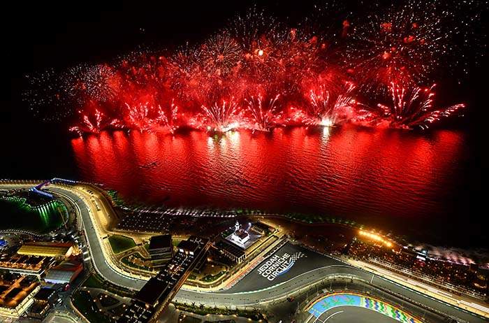 JEDDAH, SAUDI ARABIA - MARCH 19: A general view of fireworks at the podium celebrations following the race win of Sergio Perez of Mexico and Oracle Red Bull Racing during the F1 Grand Prix of Saudi Arabia at Jeddah Corniche Circuit on March 19, 2023 in Jeddah, Saudi Arabia. (Photo by Clive Mason/Getty Images)