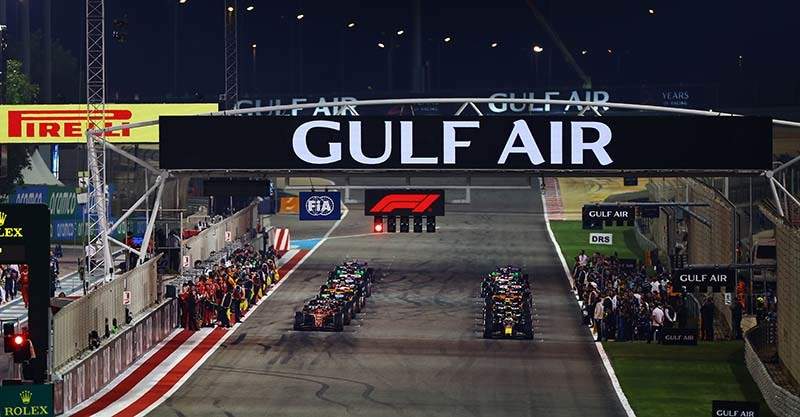 BAHRAIN, BAHRAIN - MARCH 02: Max Verstappen of the Netherlands driving the (1) Oracle Red Bull Racing RB20 and Charles Leclerc of Monaco driving the (16) Ferrari SF-24 prepare to leave the grid for the formation lap prior to the F1 Grand Prix of Bahrain at Bahrain International Circuit on March 02, 2024 in Bahrain, Bahrain. (Photo by Mark Thompson/Getty Images) // Getty Images / Red Bull Content Pool // SI202403020334 // Usage for editorial use only //