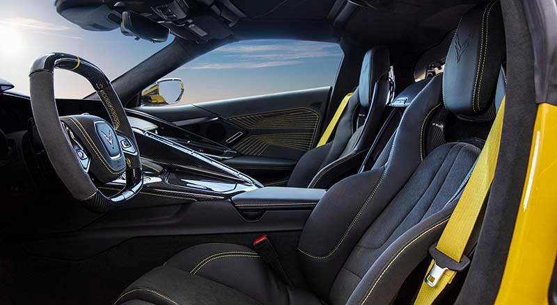 Chevrolet Corvette ZR1 Coupe interior, looking across the cabin from the driver’s side to passenger side. Preproduction model shown. Actual production model may vary.