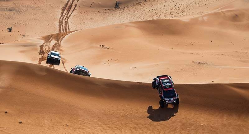 Nasser Al-Attiyah and Edouard Boulanger on their Dacia Sandrider of the Dacia Sandriders followed by another competitor and Seth Quintero and Dennis Zenz on their Toyota GR DKR Hilux of the Toyota Gazoo Racing, during the Stage 8 of the Dakar 2025 on January 12, 2025 between Al Duwadimi and Riyadh, Saudi Arabia // DPPI / Red Bull Content Pool // SI202501131259 // Usage for editorial use only //