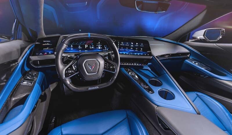 Santorini Blue interior on 2026 Chevrolet Corvette ZRX1. Preproduction model shown, actual production model may vary.