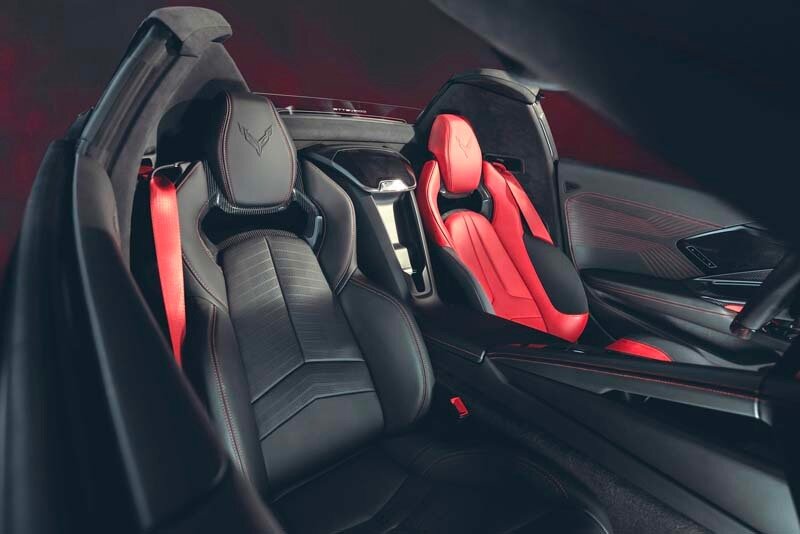Asymmetrical Adrenaline Red interior available on 2026 Corvette ZR1X. Preproduction model shown, actual production model may vary.