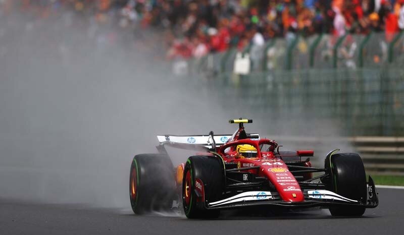 SPA, BELGIUM - JULY 27: Lewis Hamilton of Great Britain driving the (44) Scuderia Ferrari SF-25 on a reconnaissance lap prior to the F1 Grand Prix of Belgium at Circuit de Spa-Francorchamps on July 27, 2025 in Spa, Belgium. (Photo by Ryan Pierse/Getty Images)