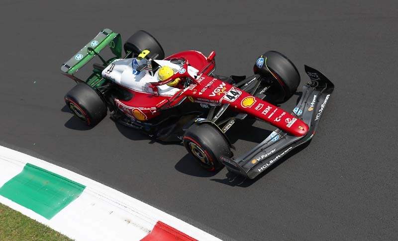 MONZA, ITALY - SEPTEMBER 05: Lewis Hamilton of Great Britain driving the (44) Scuderia Ferrari SF-25 on track during practice ahead of the F1 Grand Prix of Italy at Autodromo Nazionale Monza on September 05, 2025 in Monza, Italy. (Photo by Clive Rose/Getty Images)