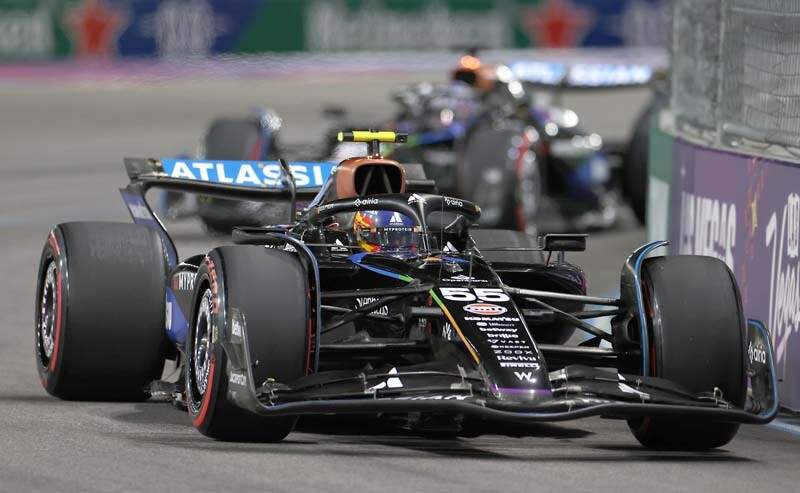 LAS VEGAS, NEVADA - NOVEMBER 22: Carlos Sainz of Spain driving the (55) Williams FW47 Mercedes heads to the grid prior to the F1 Grand Prix of Las Vegas at Las Vegas Strip Circuit on November 22, 2025 in Las Vegas, Nevada. (Photo by Sam Bloxham/LAT Images)