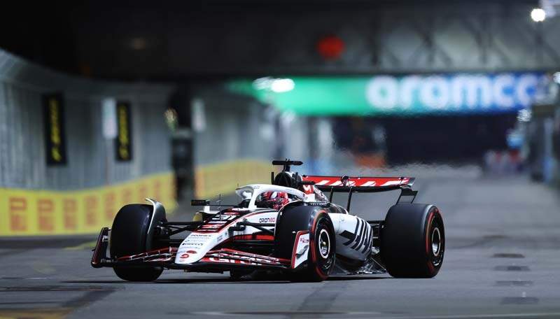 LAS VEGAS, NEVADA - NOVEMBER 22: Esteban Ocon of France driving the (31) Haas F1 VF-25 Ferrari on track prior to the F1 Grand Prix of Las Vegas at Las Vegas Strip Circuit on November 22, 2025 in Las Vegas, Nevada. (Photo by Chris Graythen/Getty Images)