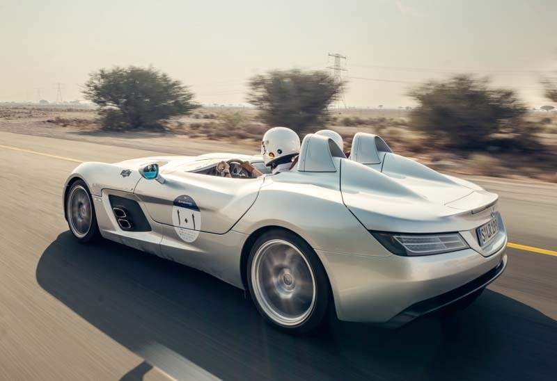 Unterwegs in einer außergewöhnlichen Landschaft: Mercedes-Benz SLR McLaren Stirling Moss während der 1000 Miglia Experience UAE 2025. 

On the road in an extraordinary landscape: Mercedes-Benz SLR McLaren Stirling Moss during the 1000 Miglia Experience UAE 2025.