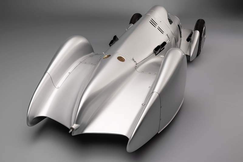 Audi recreated the Auto Union Lucca. After just over three years of construction, the record-breaking car was completed in early 2026. Studio shot. Rear view.